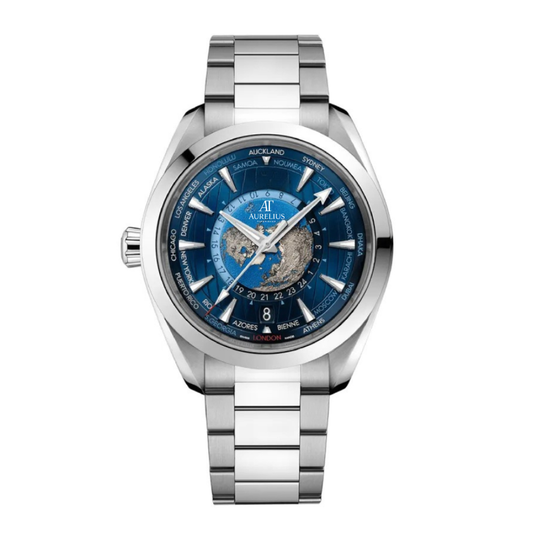 World Time 43 – Blue Global Map Dial | Steel Bracelet & Smooth Bezel
