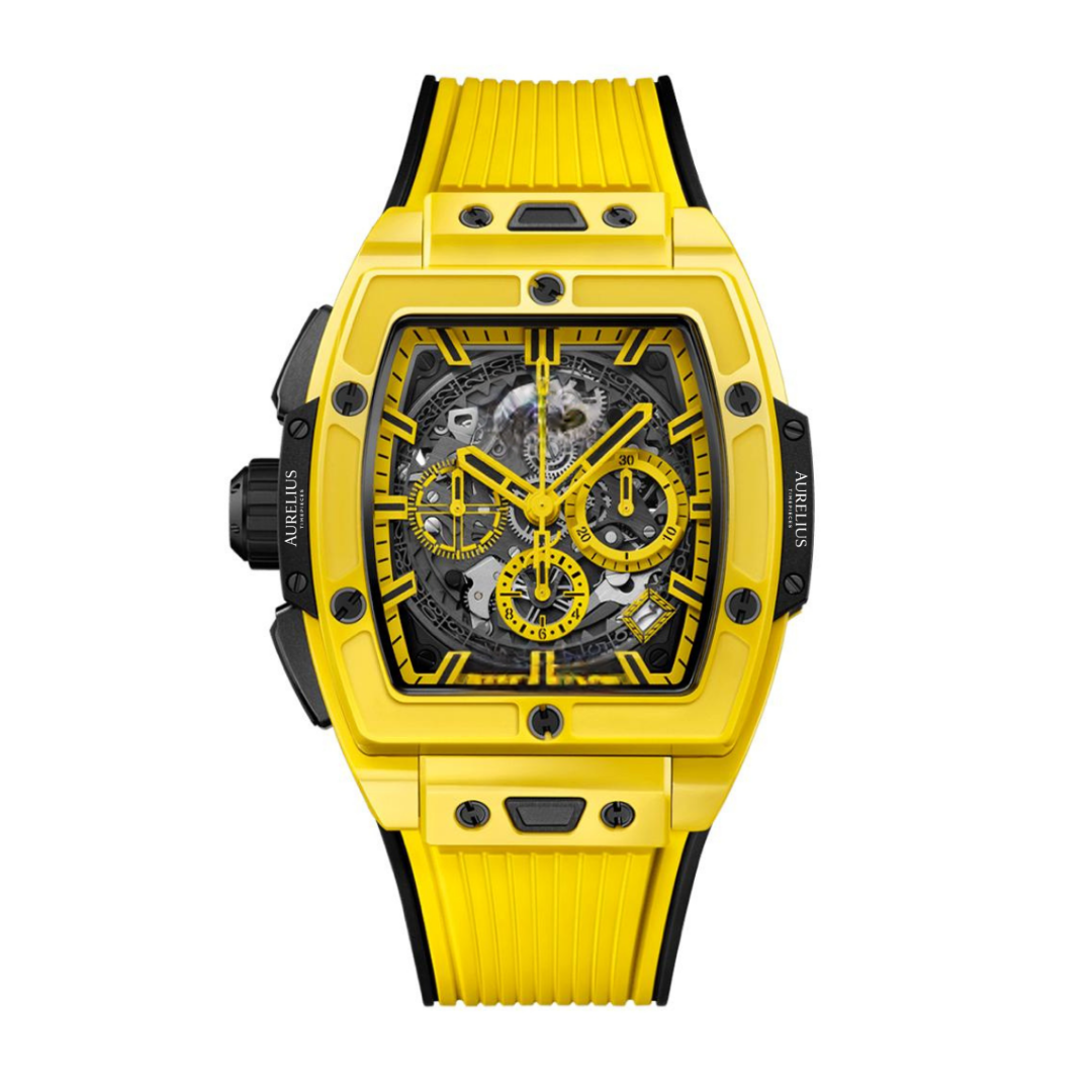 Tonneau Chronograph 42 – Black Skeleton Dial | Yellow Case & Black Rubber Strap