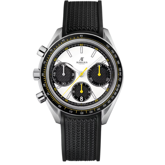 Racing Chronograph 42 – White Dial with Black Subdials | Steel Case & Black Rubber Strap & Black Yellow Tachymeter Bezel